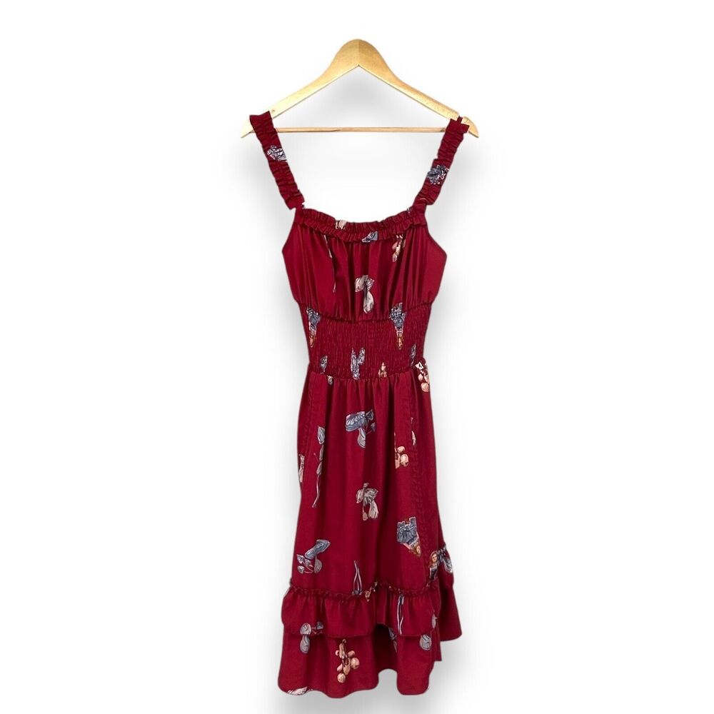 Scarlet Darkness Dress Women's S Smocked Mushroom Dolls Red Midi Goth